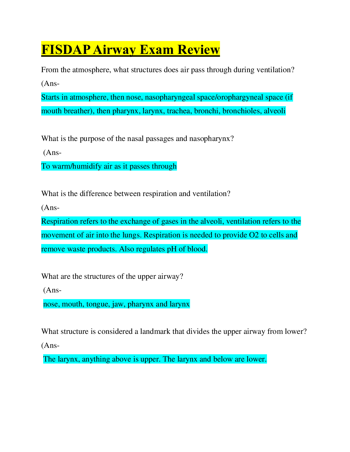 FISDAP Airway Exam Review ;Questions & Answers/ Latest Updated
